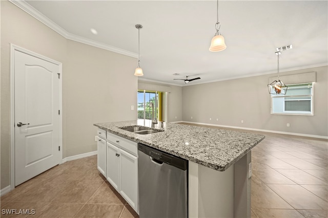 kitchen featuring crown molding, white cabinetry, sink, an island with sink, and stainless steel dishwasher