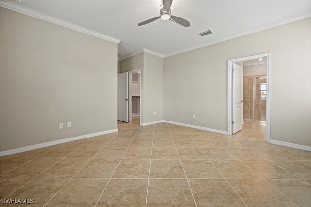 unfurnished room featuring ceiling fan, light tile patterned floors, and ornamental molding