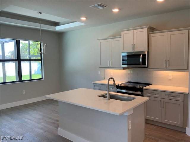 kitchen featuring an island with sink, stainless steel appliances, dark hardwood / wood-style floors, and sink