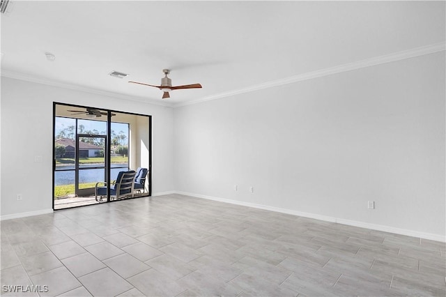 spare room featuring a water view, ceiling fan, and crown molding