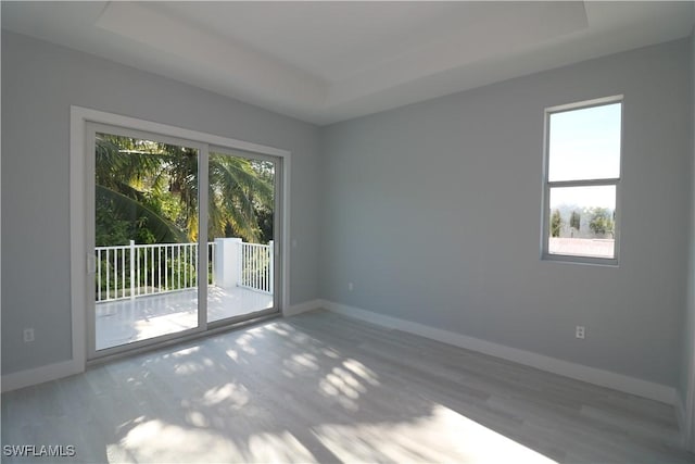 empty room with baseboards, a raised ceiling, and wood finished floors