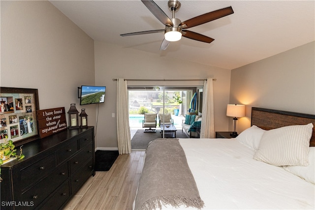 bedroom with baseboards, lofted ceiling, ceiling fan, access to exterior, and light wood-type flooring