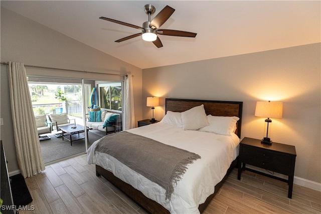 bedroom with lofted ceiling, access to outside, wood finished floors, and a ceiling fan