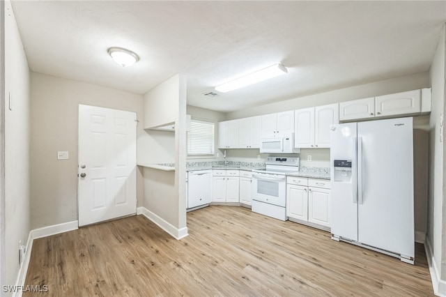 kitchen featuring white cabinetry, white appliances, and light hardwood / wood-style flooring