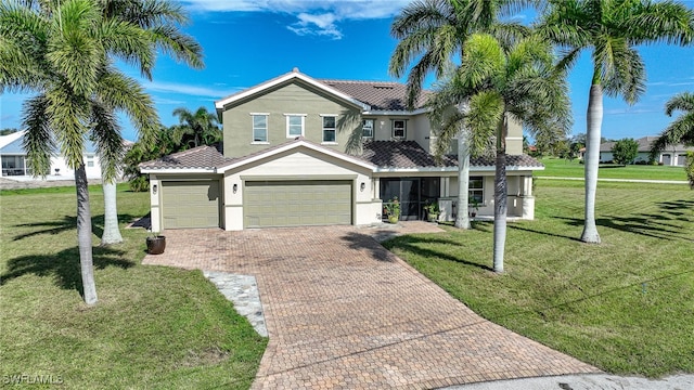 view of front facade with a front yard and a garage