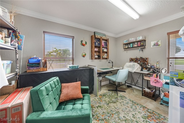 office space with a textured ceiling, light tile patterned floors, and crown molding