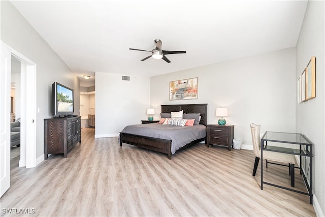 bedroom featuring light hardwood / wood-style flooring and ceiling fan