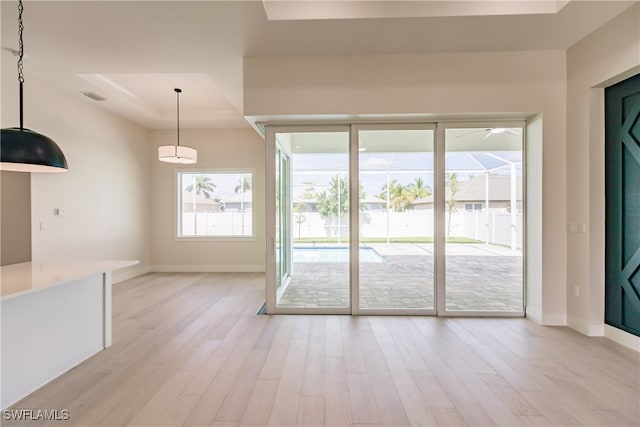 empty room with a raised ceiling and light hardwood / wood-style floors