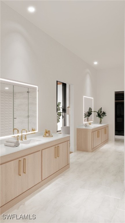 bathroom with vanity, an enclosed shower, and a towering ceiling