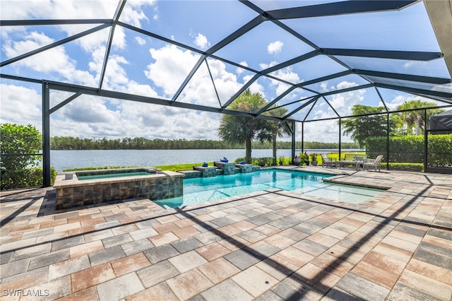 view of swimming pool featuring glass enclosure, an in ground hot tub, a water view, and a patio