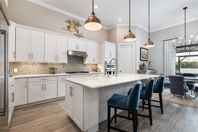 kitchen with pendant lighting, white cabinetry, and an island with sink