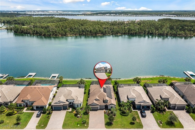 drone / aerial view featuring a water view