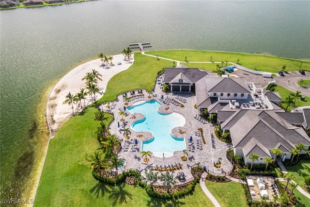 drone / aerial view with a water view