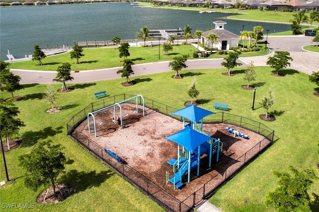 drone / aerial view featuring a water view