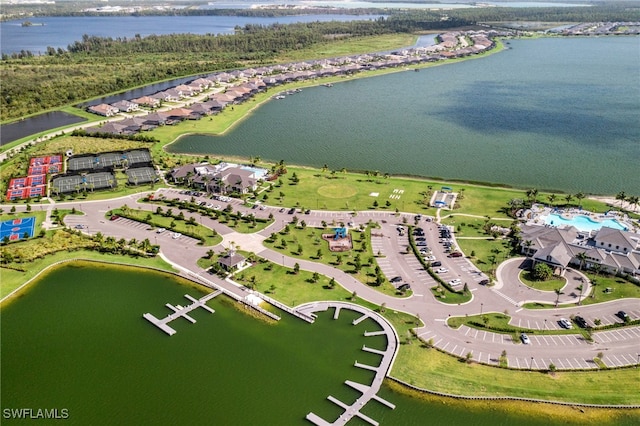 birds eye view of property featuring a water view