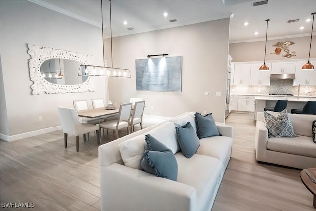 living room featuring ornamental molding and light hardwood / wood-style floors