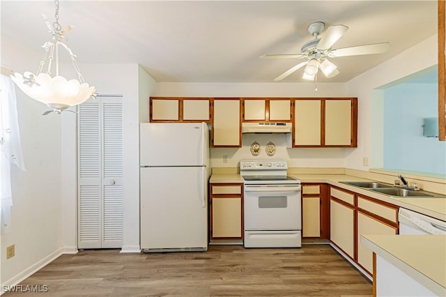 kitchen with hanging light fixtures, sink, white appliances, and light hardwood / wood-style flooring