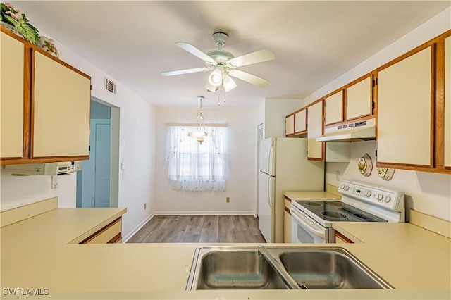 kitchen featuring sink, light hardwood / wood-style floors, white cabinets, white electric stove, and kitchen peninsula