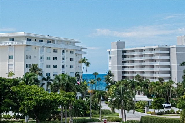 view of building exterior featuring a water view