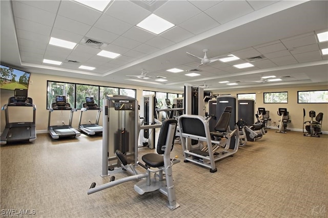 gym with ceiling fan, a wealth of natural light, carpet, and a drop ceiling