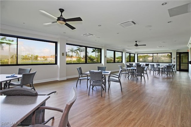 dining area featuring hardwood / wood-style flooring and ceiling fan