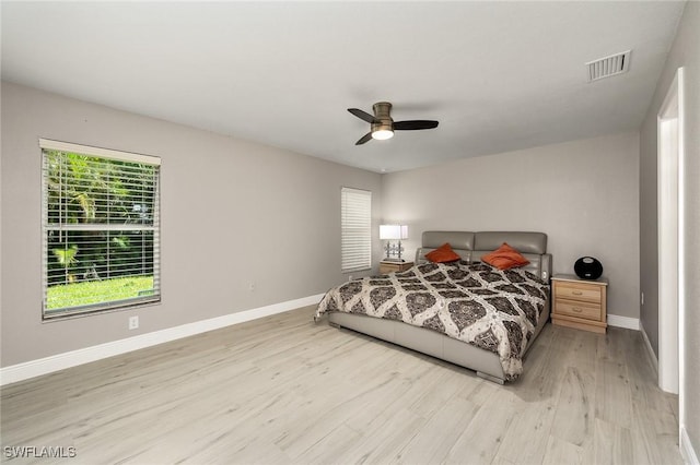 bedroom with ceiling fan and light wood-type flooring