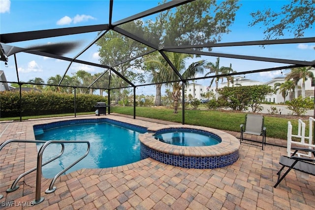 view of swimming pool featuring an in ground hot tub, area for grilling, a patio, and glass enclosure