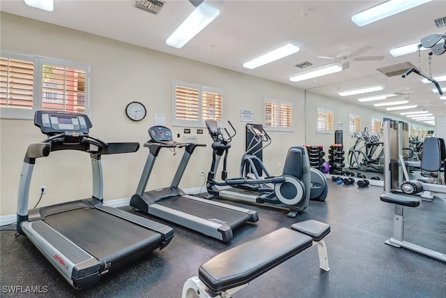 workout area featuring plenty of natural light and ceiling fan