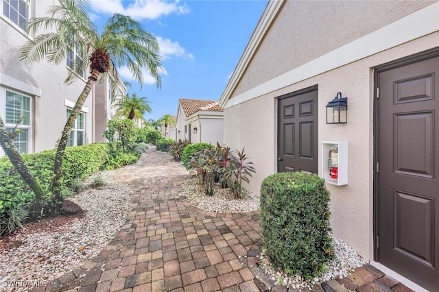 view of exterior entry featuring a tiled roof and stucco siding