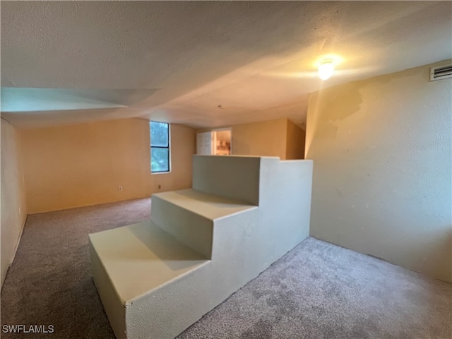 interior space featuring a textured ceiling and carpet flooring