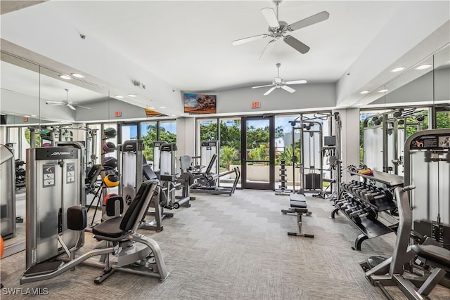 workout area with ceiling fan and carpet floors