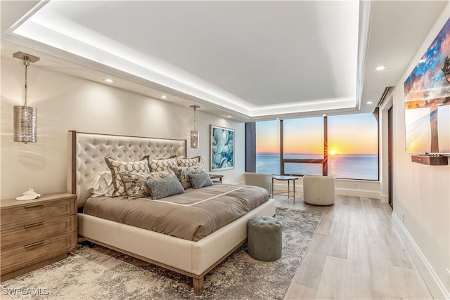 bedroom featuring hardwood / wood-style floors, a water view, and a tray ceiling