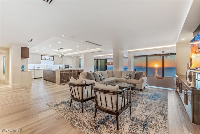 living room with light wood-type flooring, a raised ceiling, and sink