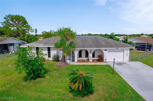 single story home featuring a front lawn and a garage