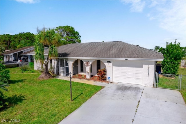 single story home featuring a garage and a front yard