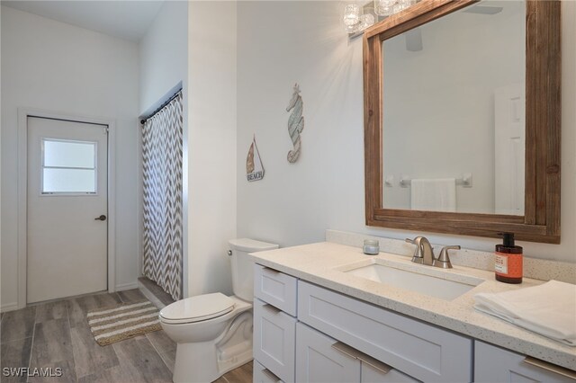 bathroom featuring wood-type flooring, vanity, toilet, and a shower with curtain