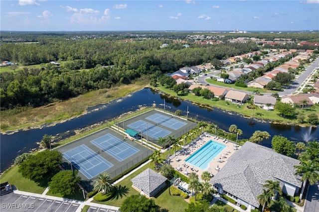 aerial view featuring a water view