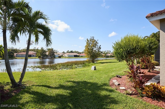 view of yard with a water view