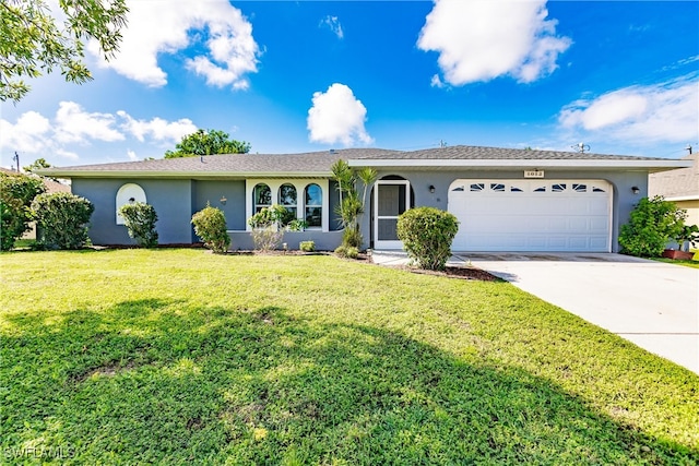 ranch-style house with a front yard and a garage