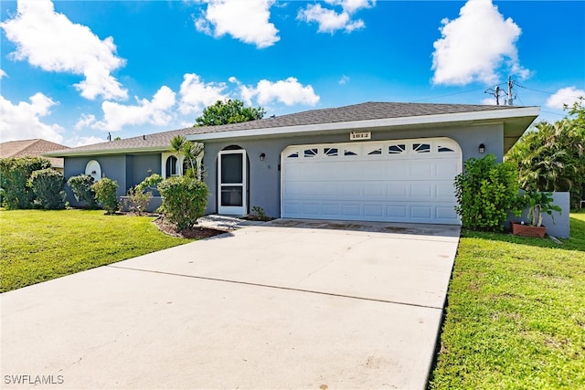 ranch-style house with a front yard and a garage