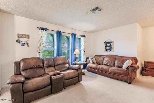 living room featuring carpet and a textured ceiling