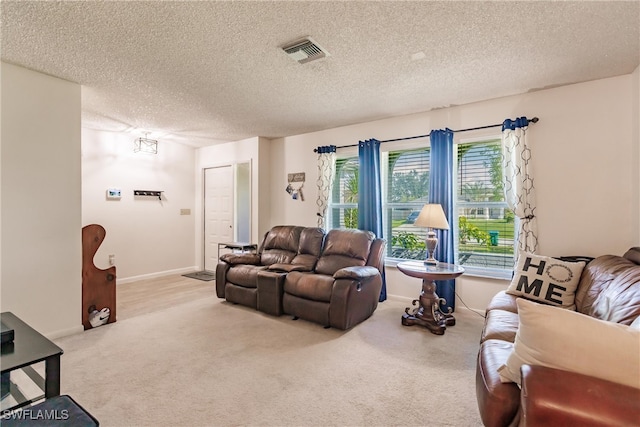 living room featuring carpet and a textured ceiling