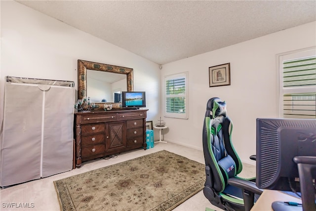 home office featuring a textured ceiling, light colored carpet, and lofted ceiling