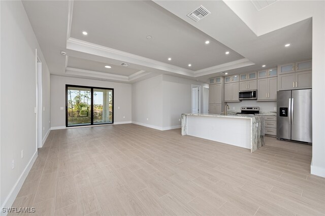 kitchen with a center island with sink, a raised ceiling, stainless steel appliances, and sink