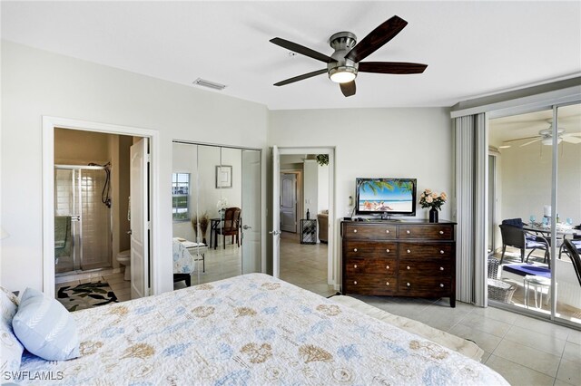 bedroom with access to outside, connected bathroom, ceiling fan, and light tile patterned floors