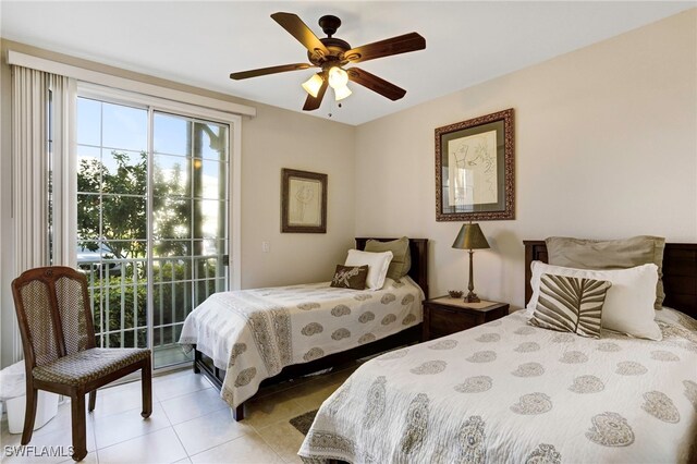 bedroom with ceiling fan, light tile patterned floors, and access to outside