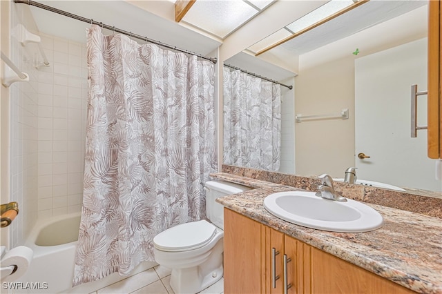 full bathroom with vanity, toilet, tile patterned floors, and shower / bathtub combination with curtain