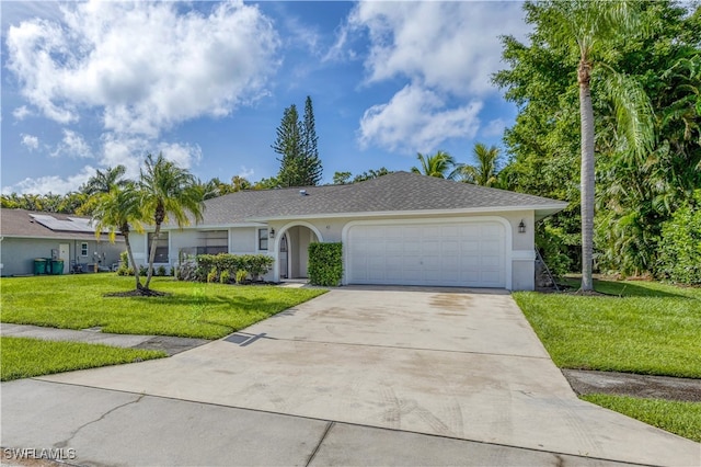 ranch-style home featuring a garage and a front yard