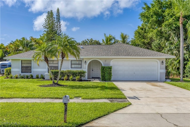 ranch-style house featuring a front lawn and a garage