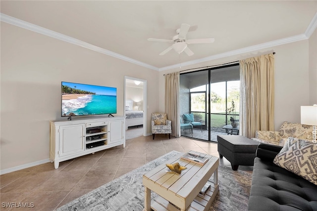 living room with ceiling fan, light tile patterned floors, and ornamental molding